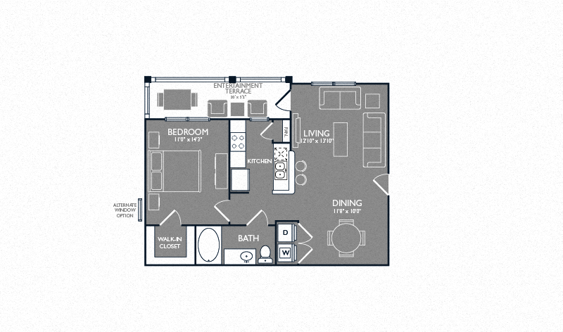 Floor plan for 1 bed, 1 bath, 726 sqft